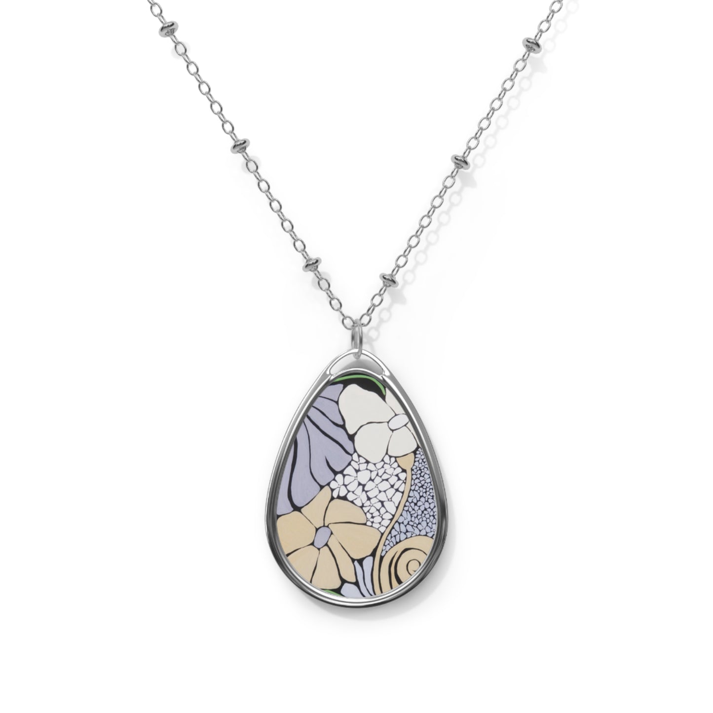 Stonepetal garden Abstract Floral Oval Pendant Necklace — Silver Teardrop Locket with Pastel Botanical Design
