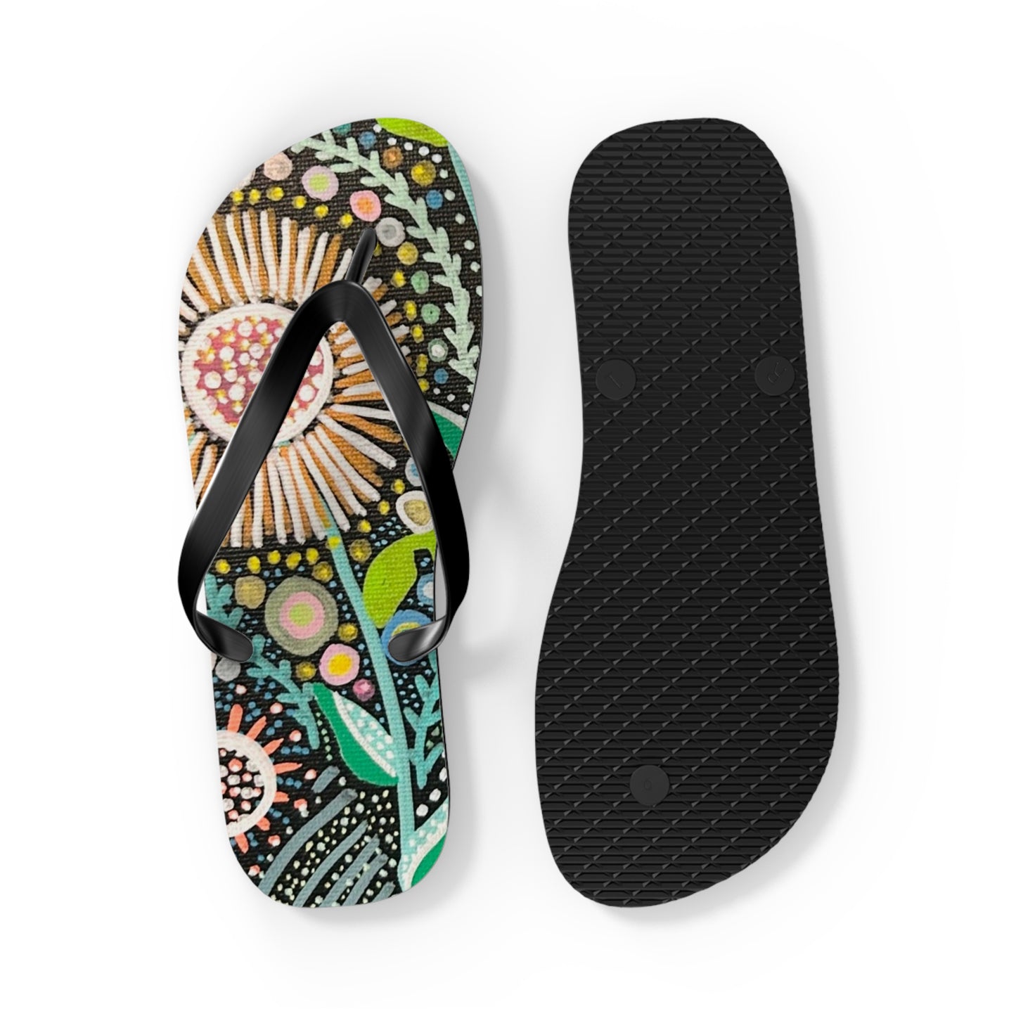 Dot Dot Bloom Flip Flops — Colorful Hand-Drawn Garden Sandals