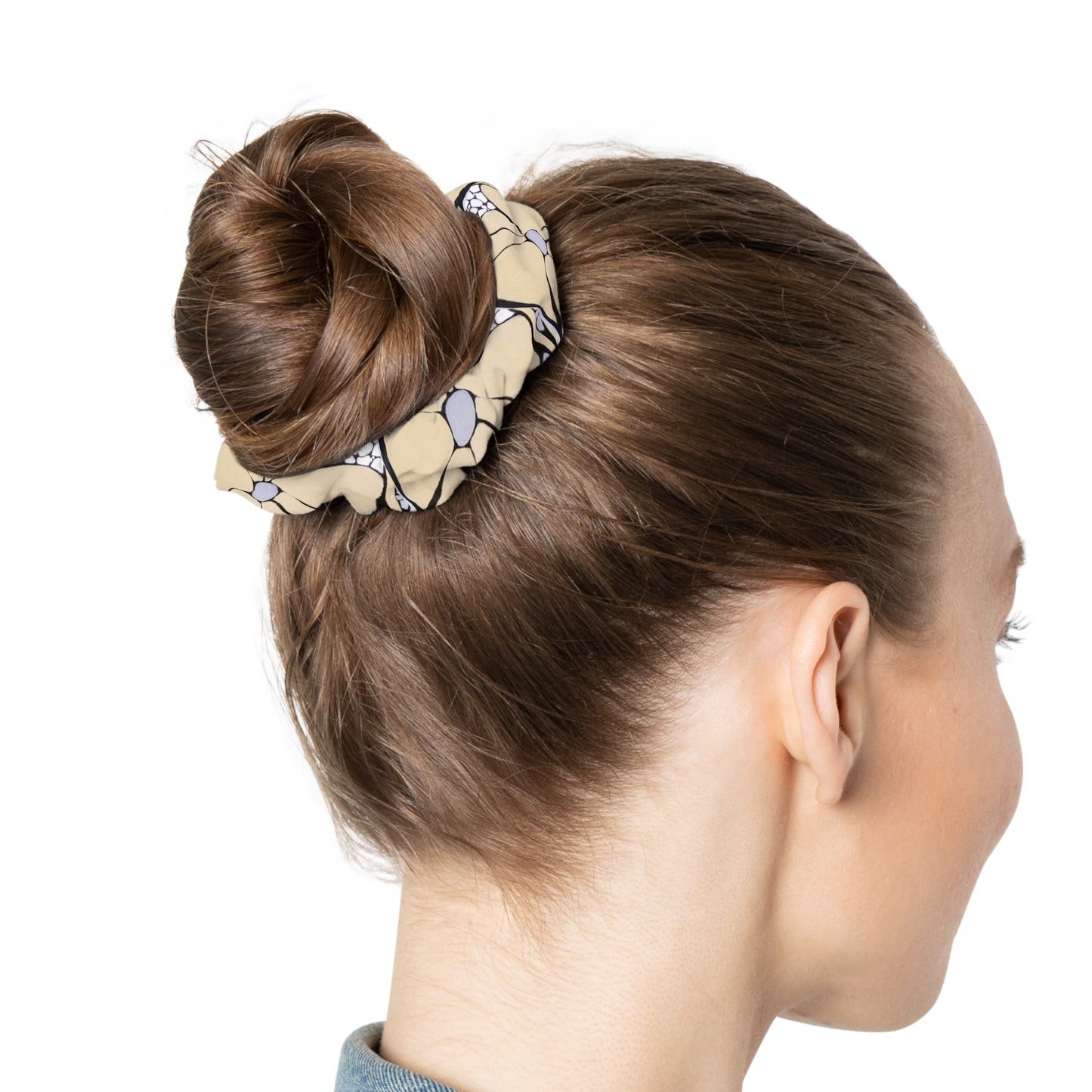 Floral Neutral Abstract Scrunchie – Beige & Lavender Patterned Hair Tie