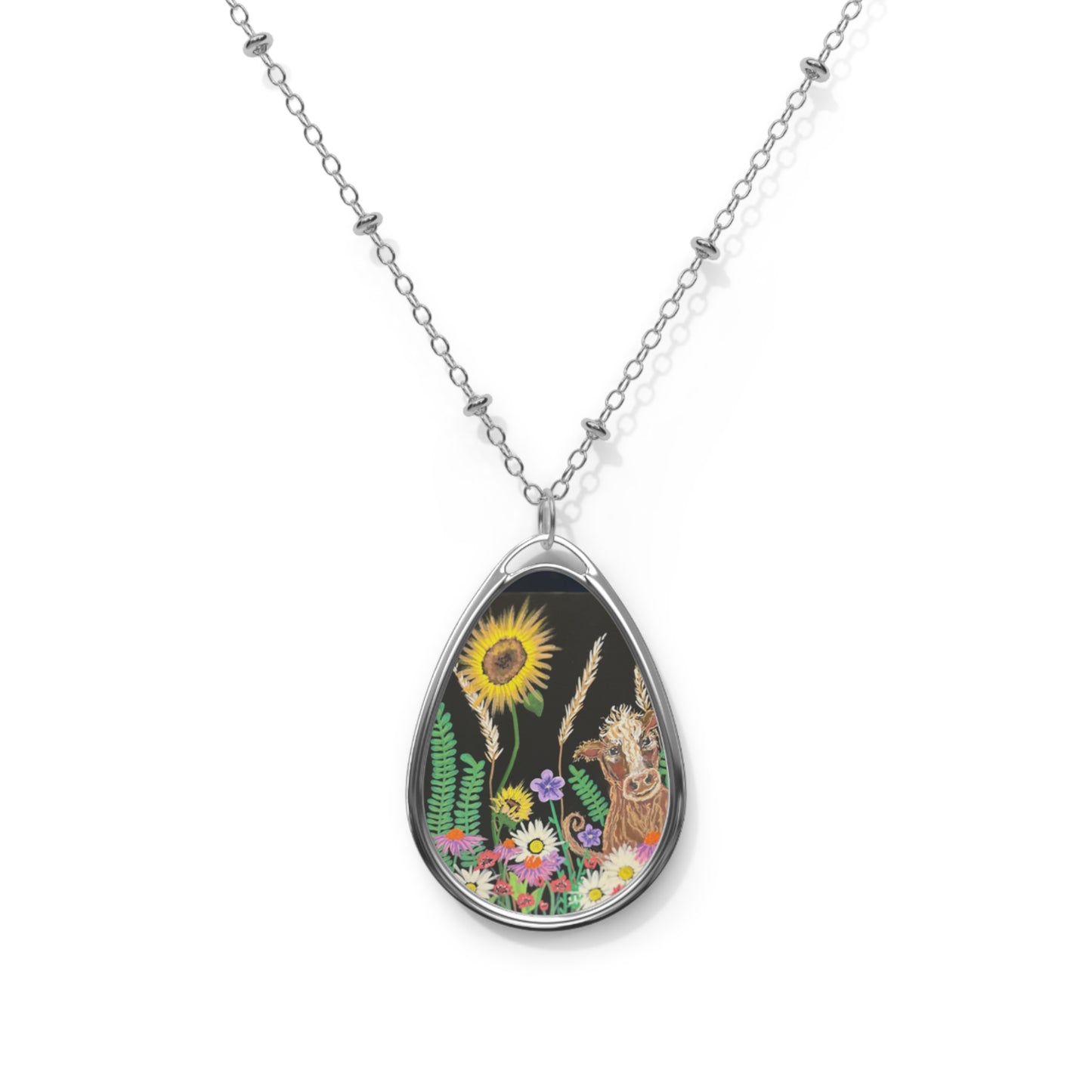Sunflower Garden Oval Necklace — Floral Teardrop Pendant Jewelry