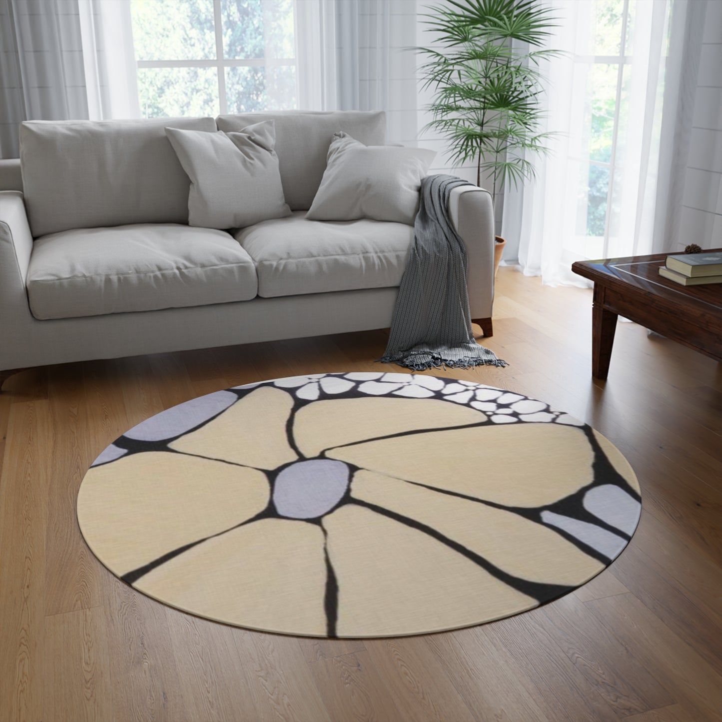 Modern Floral Round Rug – Neutral Beige Daisy Accent Mat