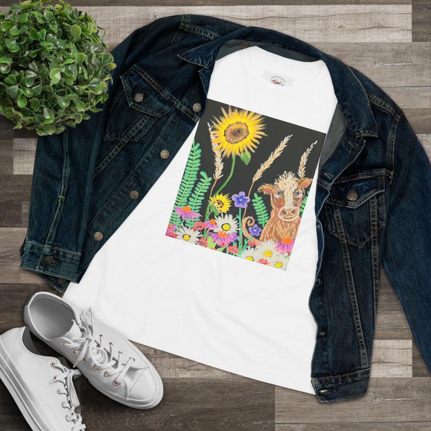 Floral Goat Graphic Tee — Sunflower & Wildflower Bouquet Women's Cotton T-Shirt