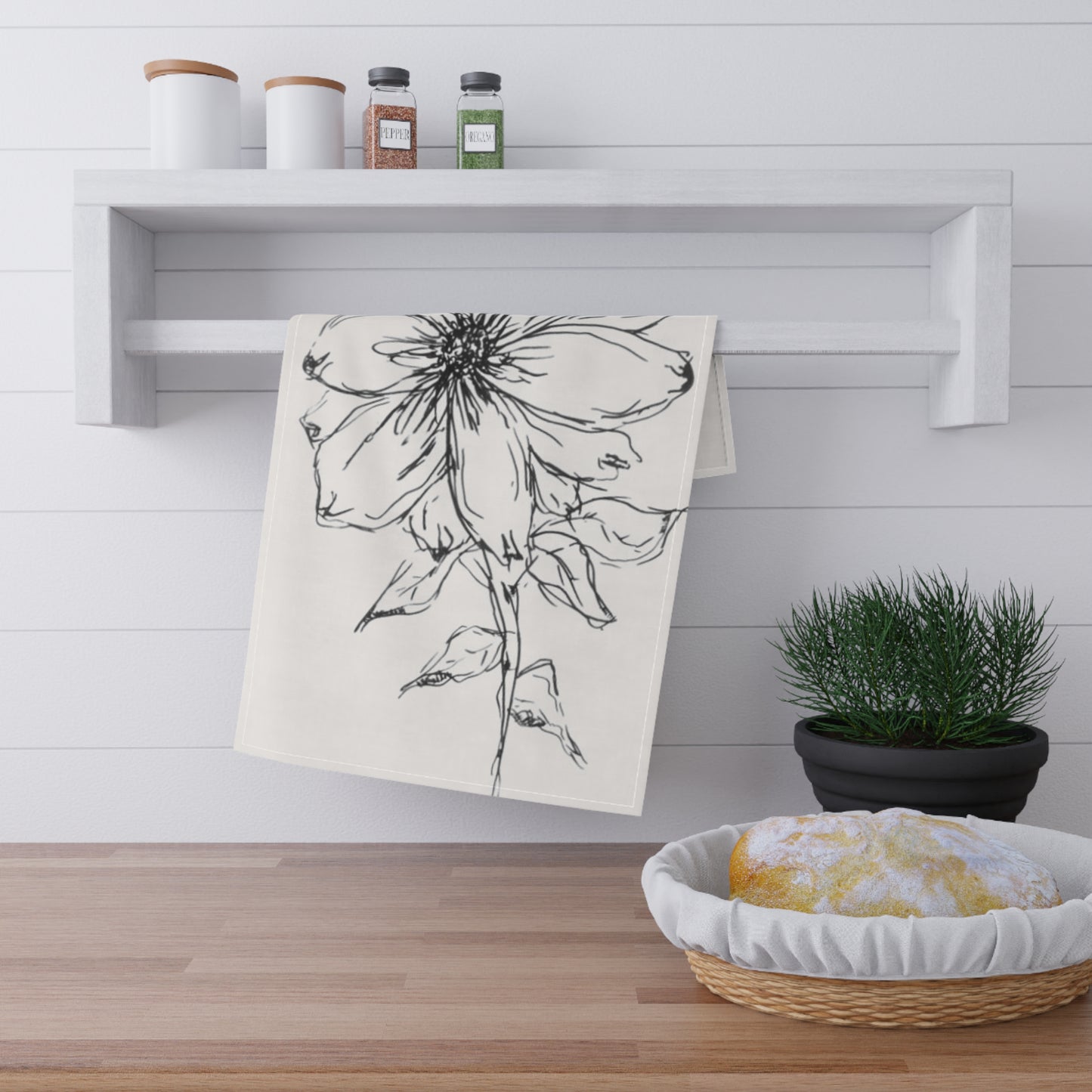 Floral Sketch Tea Towel — Hand-Drawn Black Line Flower Cotton Kitchen Towel