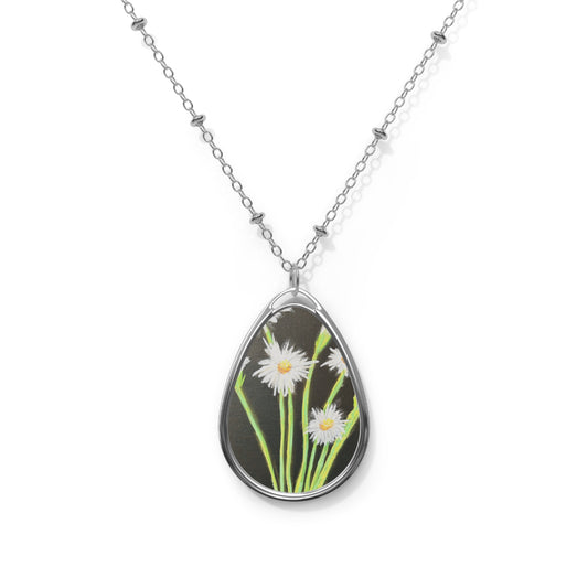 Daisy Oval Pendant Necklace — Silver Teardrop Floral Jewelry