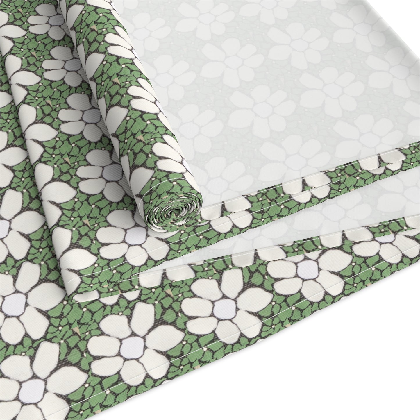 Green Floral Table Runner — White Daisy Pattern Cotton-Poly Dining Decor