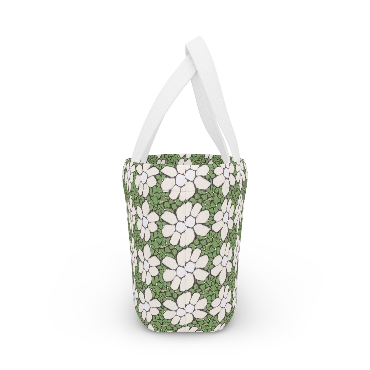 Floral Daisy Pattern Lunch Bag — Green White Retro Picnic Tote