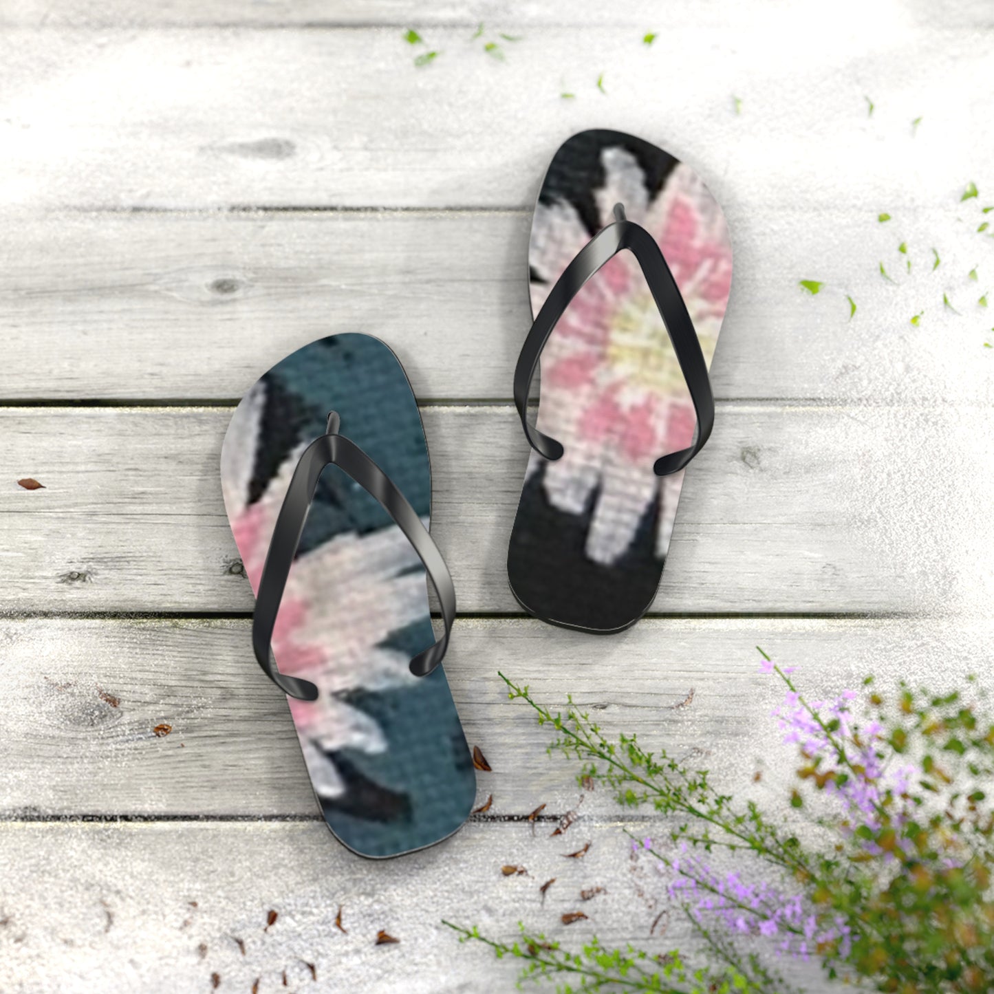 Wild Garden Reverie Beach Flip Flops — Pink Daisy Printed Summer Sandals