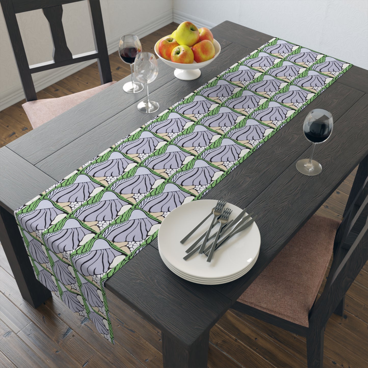 Floral Wave Table Runner — Green & Lavender Patterned Cotton Blend