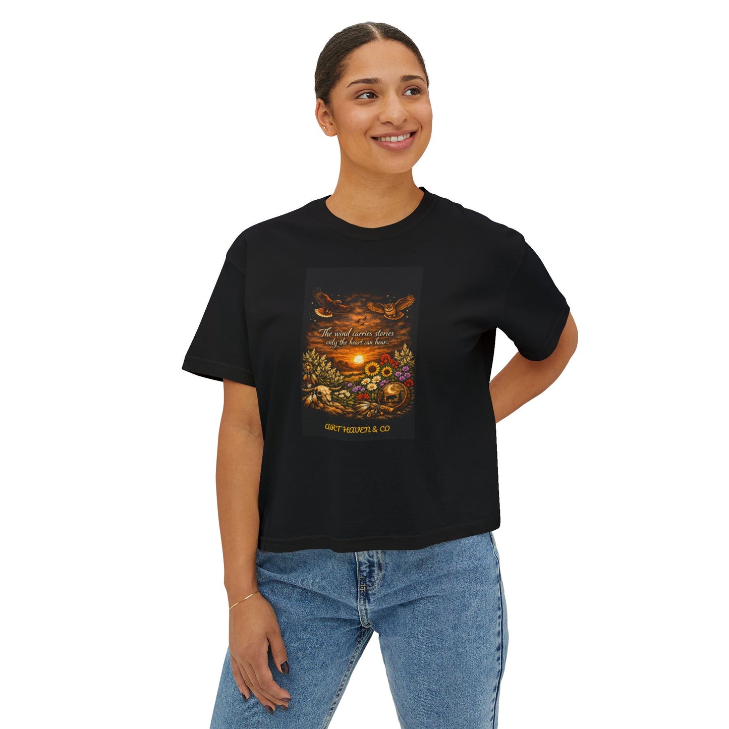 Autumn Sunset Floral Boxy Tee — Harvest Moon & Sunflower Graphic