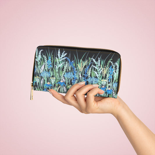 Floral Meadow Zipper Wallet — Blue Wildflower Long Wallet