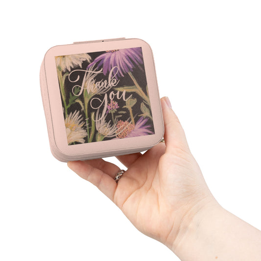 Thank you Travel Jewelry Case – Compact Pink Organizer with 'Thank You' Floral Lid
