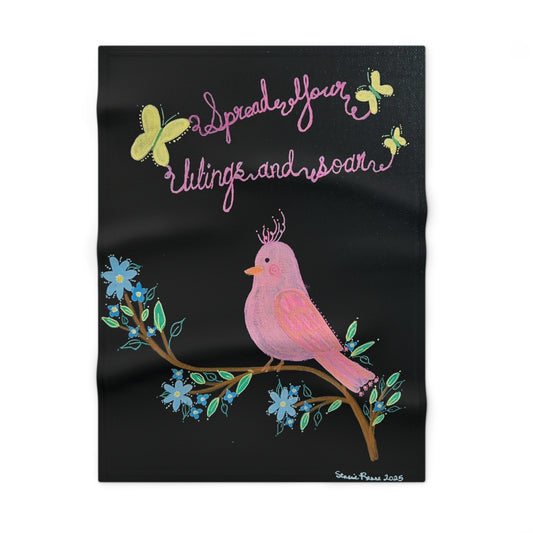 Baby Blanket - Pink Bird on Branch with 'Spread Your Wings and Soar' Floral Fleece