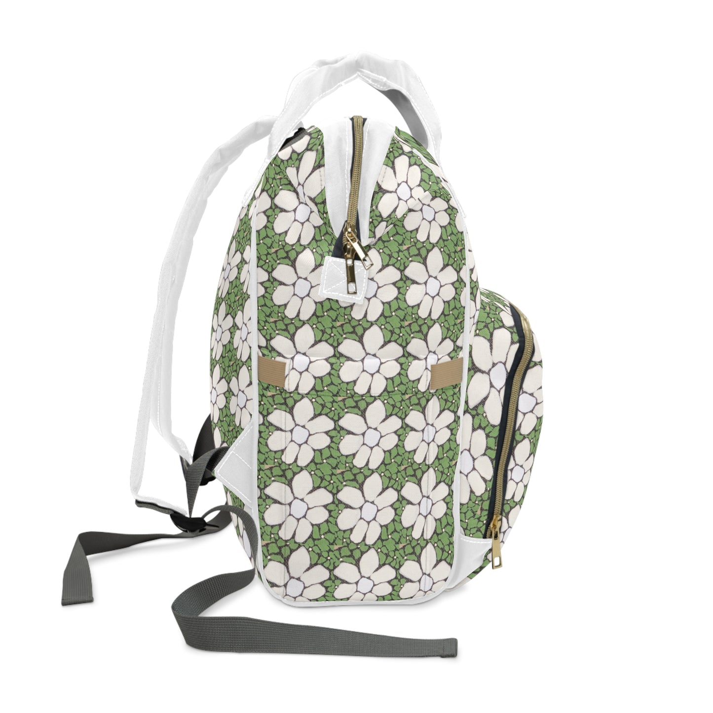 Green Floral Multifunctional Diaper Backpack — Spacious Baby Changing Bag with Multiple Pockets
