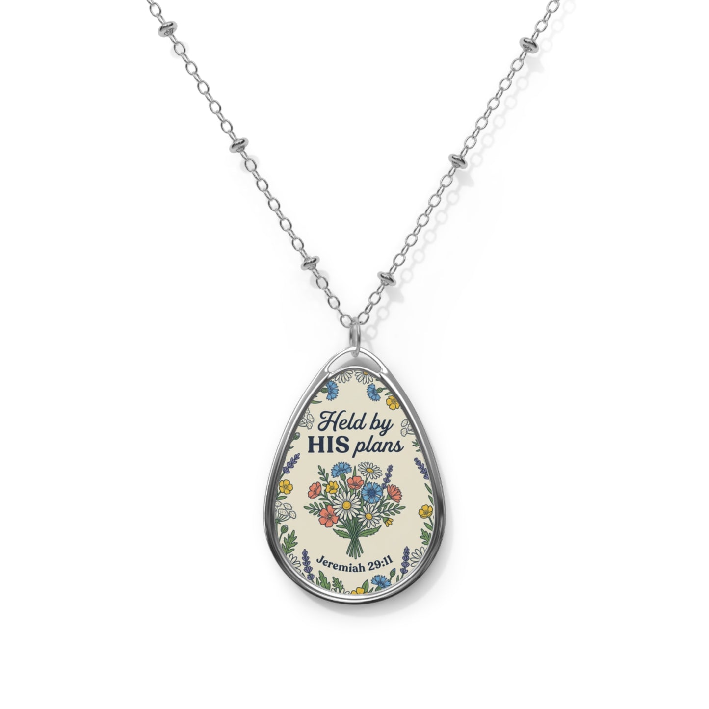 Oval Pendant Necklace - "Held by His Plans" Floral Scripture Teardrop Necklace