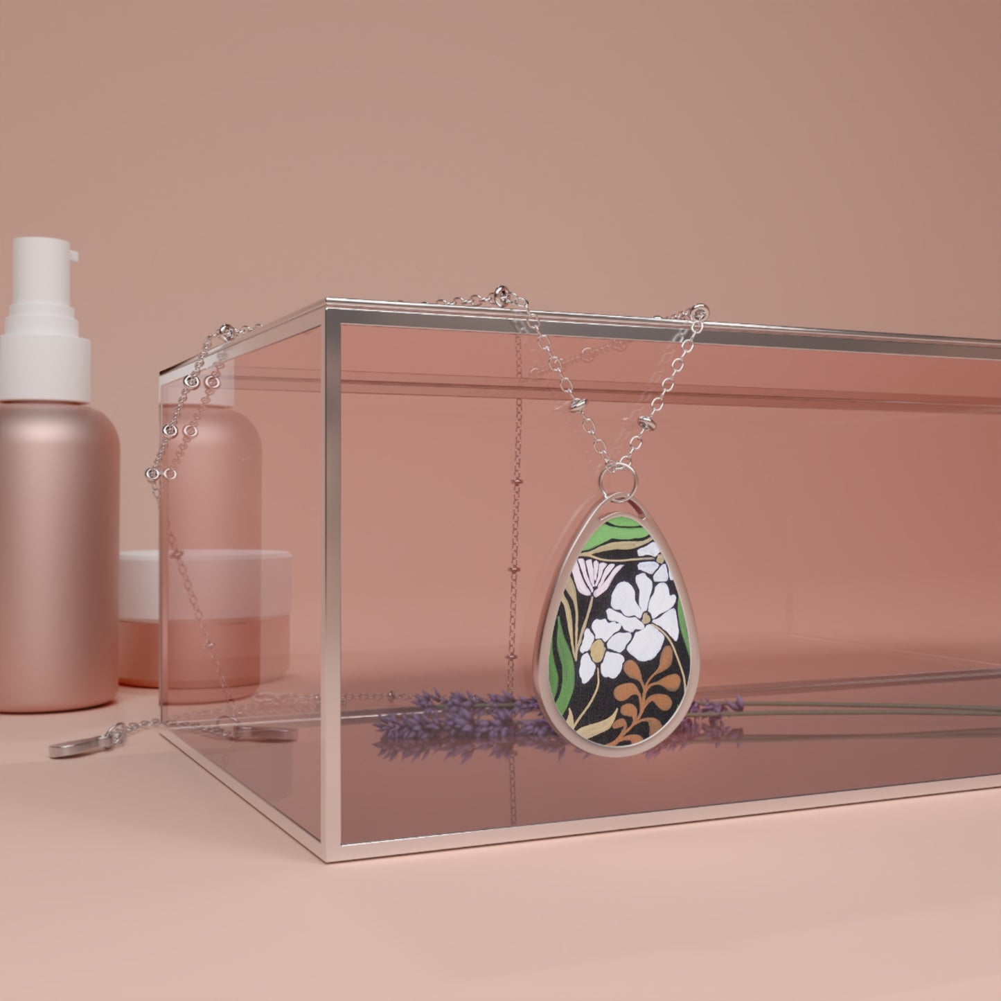 Garden moment Oval Pendant Necklace — Teardrop Silver Necklace with Botanical Print