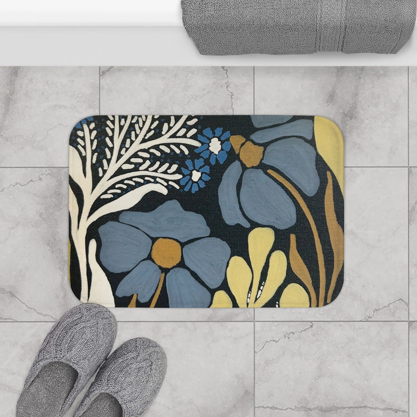 Floral Blue & Mustard Bath Mat — Vintage Botanical Bathroom Rug