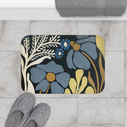 Floral Blue & Mustard Bath Mat — Vintage Botanical Bathroom Rug