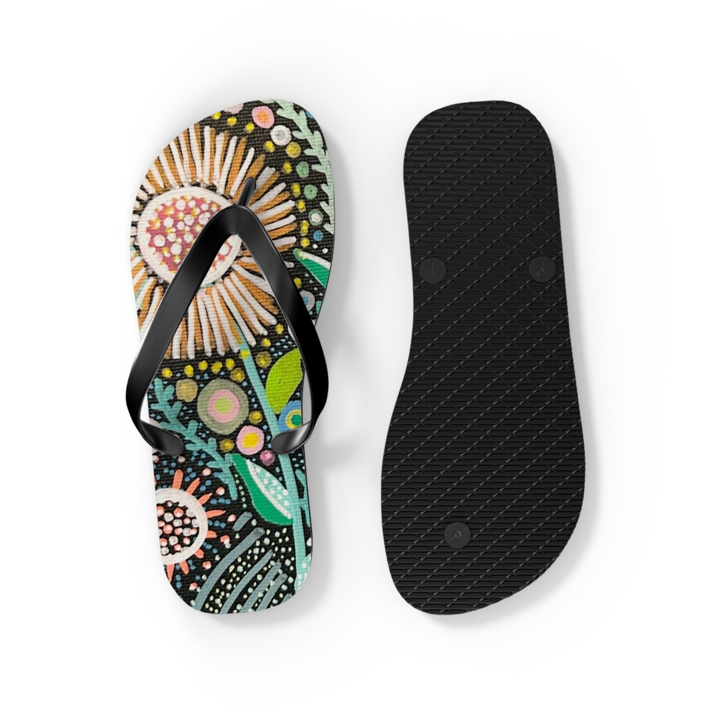 Dot Dot Bloom Flip Flops — Colorful Hand-Drawn Garden Sandals
