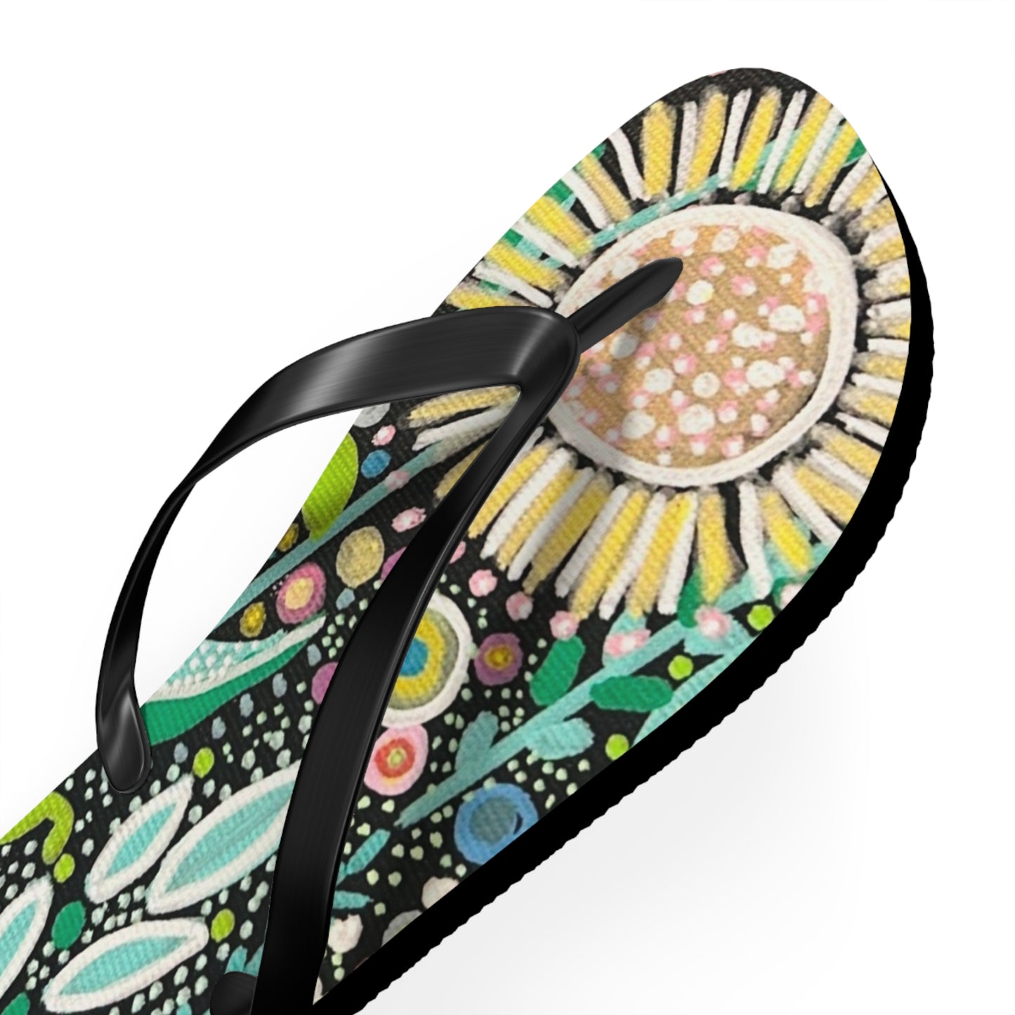 Dot Dot Bloom Flip Flops — Colorful Hand-Drawn Garden Sandals