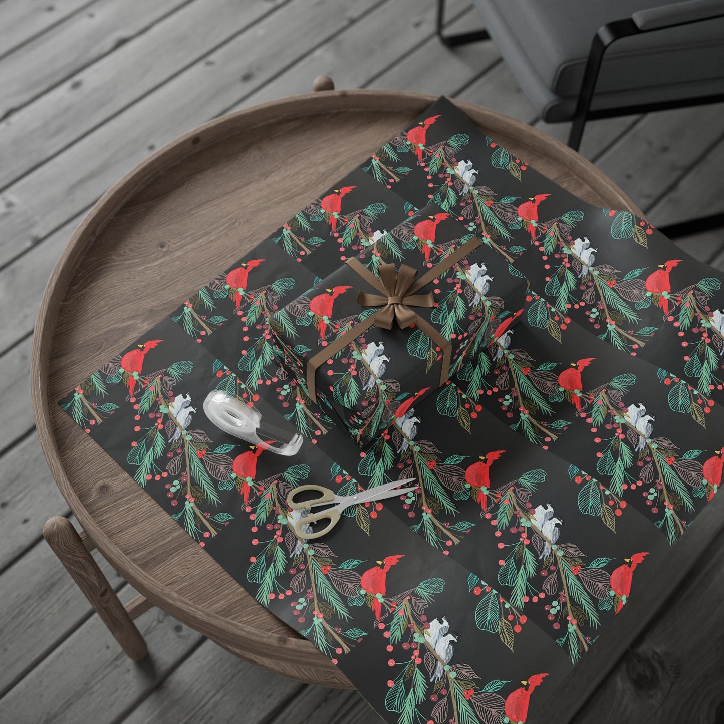 Holiday Cardinal & Chickadee Gift Wrap — Botanical Christmas Wrapping Paper