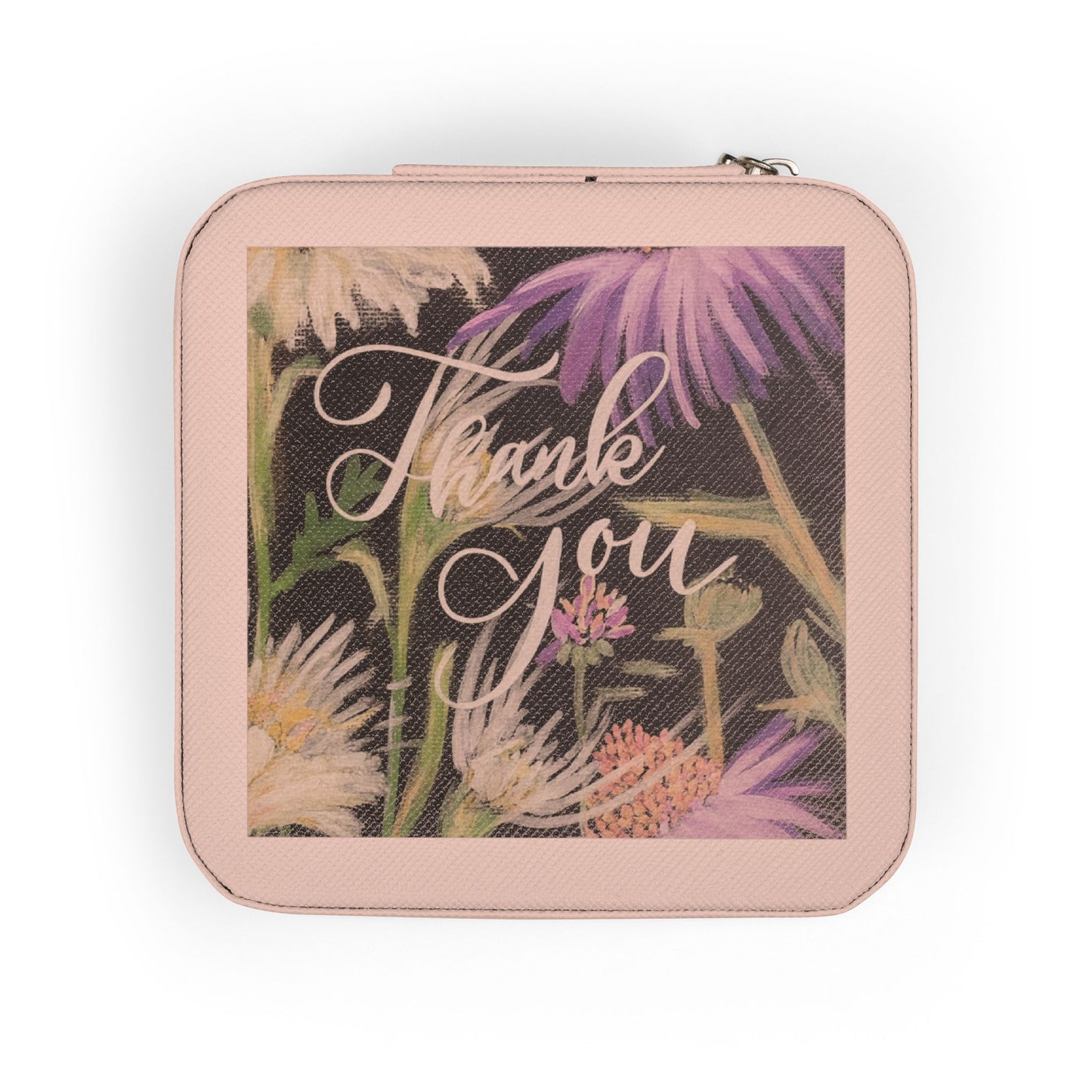 Thank you Travel Jewelry Case – Compact Pink Organizer with 'Thank You' Floral Lid
