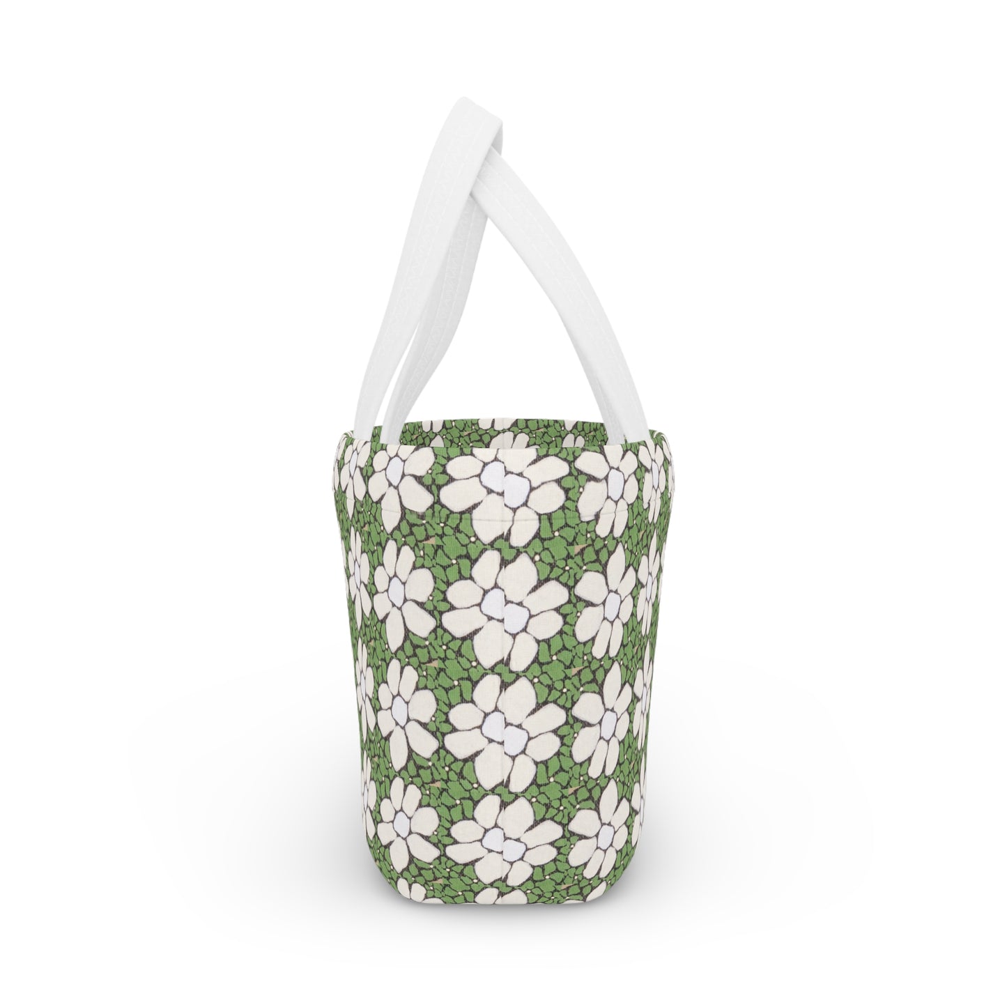 Floral Daisy Pattern Lunch Bag — Green White Retro Picnic Tote