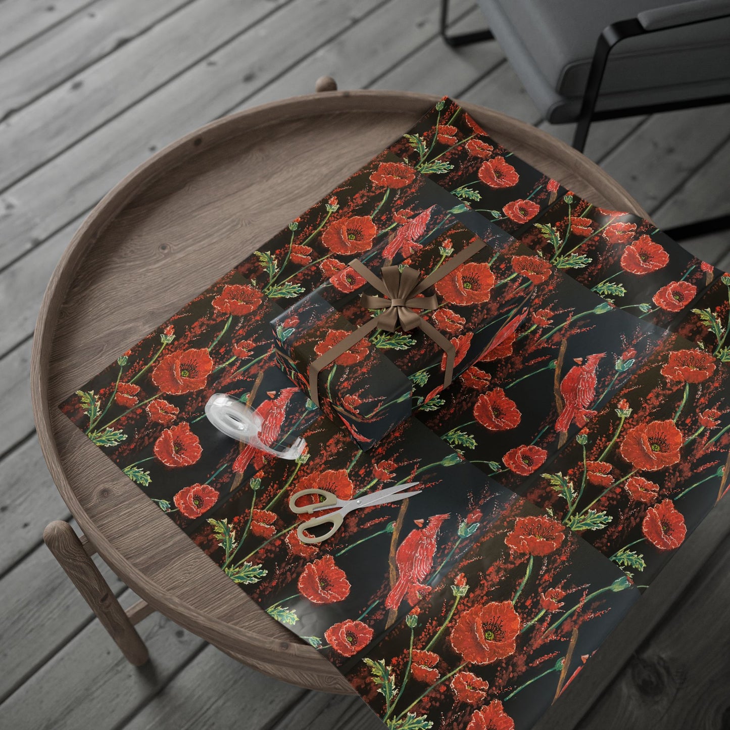 Poppy Pattern Wrapping Paper — Red Poppies on Black Floral Gift Wrap