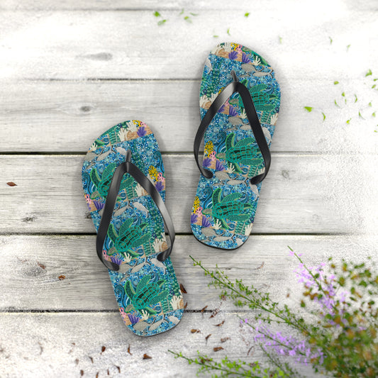 Tropical Sea Turtle Flip Flops — Beach Sandals with Coral Reef Print