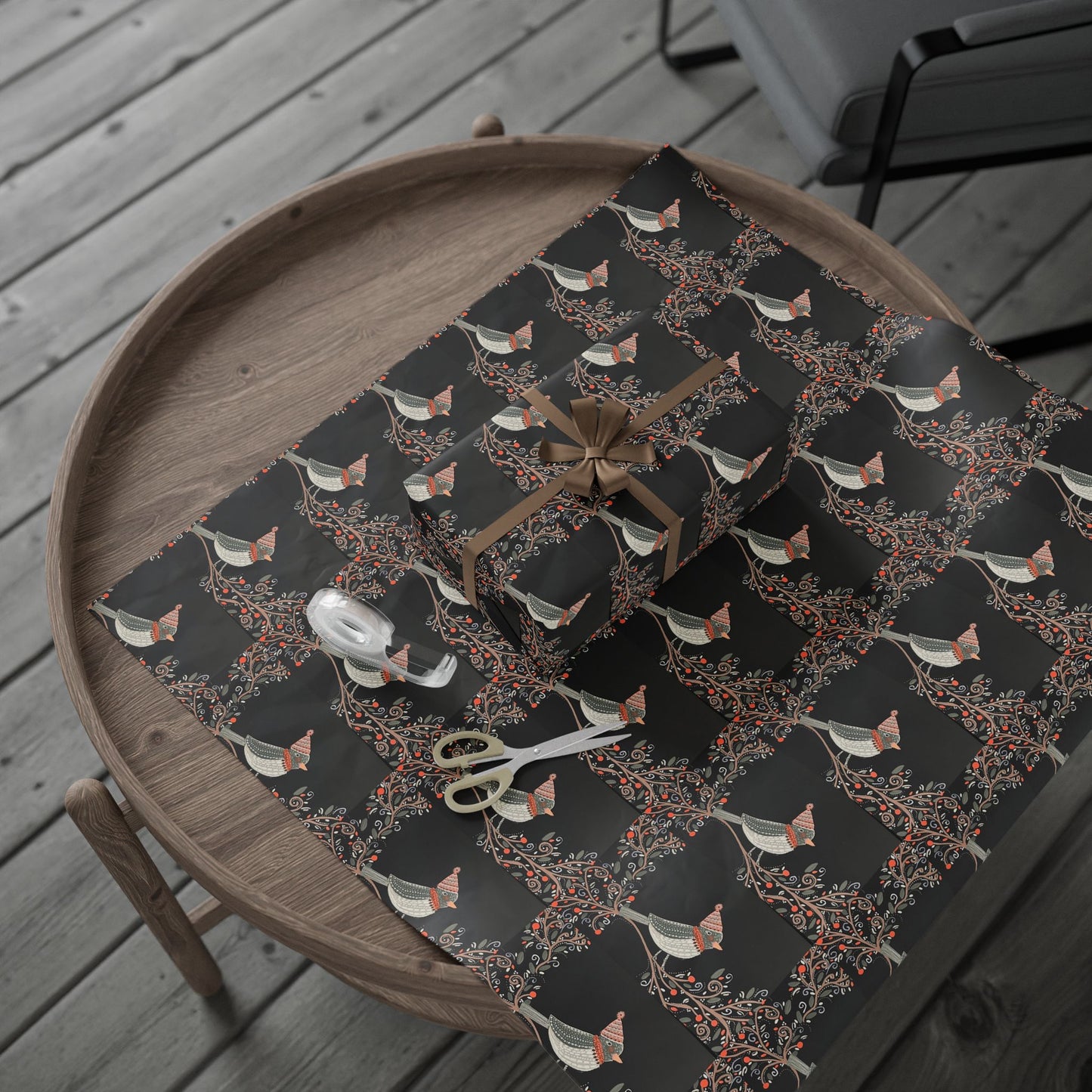 Buckeye Bell Dark Wrapping Paper — Elegant Nature Gift Wrap (Floral Bird Pattern)