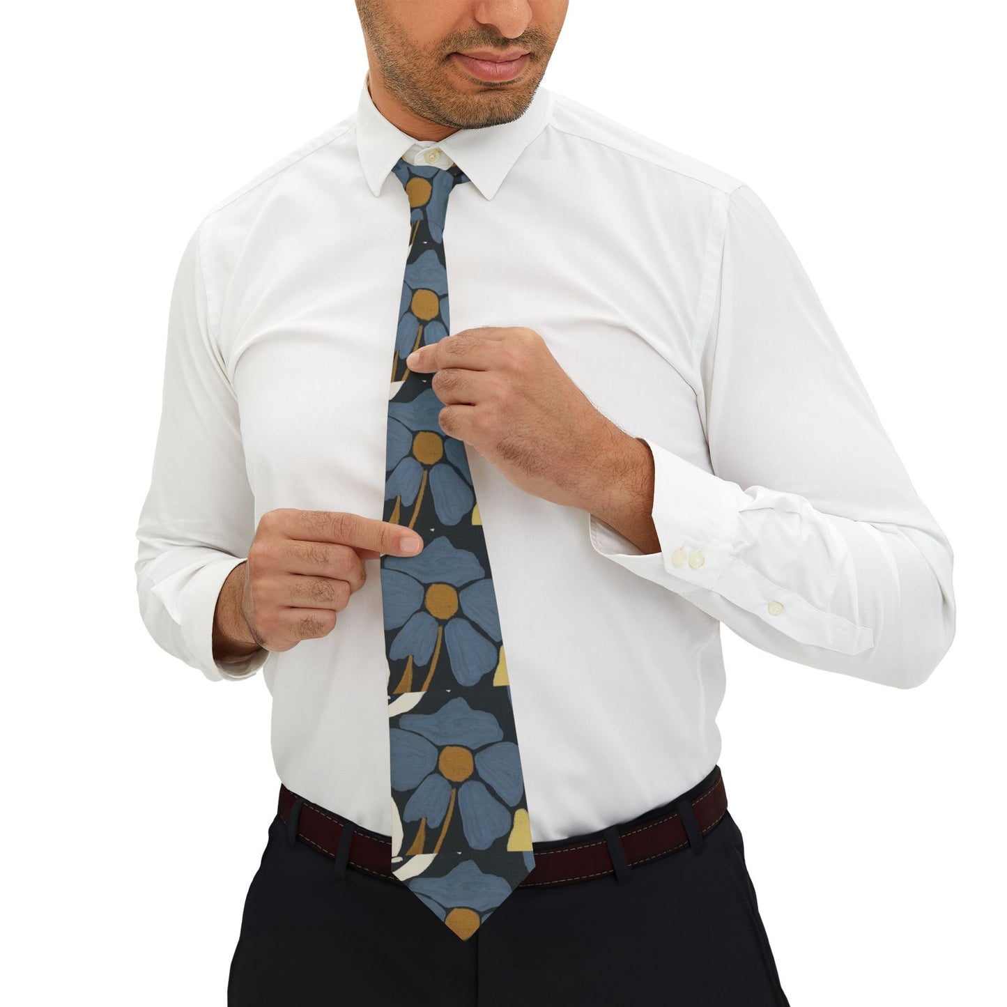 Floral Blue Necktie – Retro Blue Daisy Pattern Tie for Men