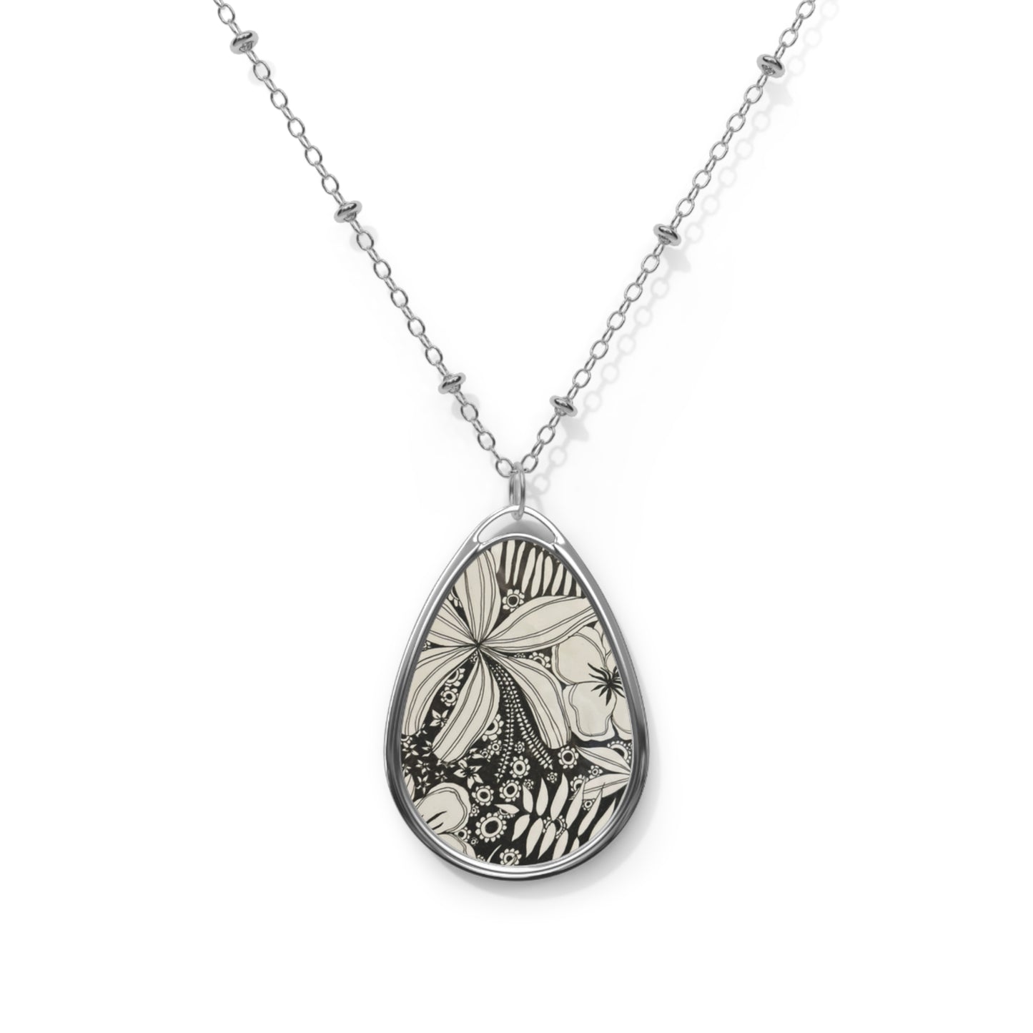 Ink spoken Floral Oval Pendant Necklace — Engravable Silver Teardrop Locket