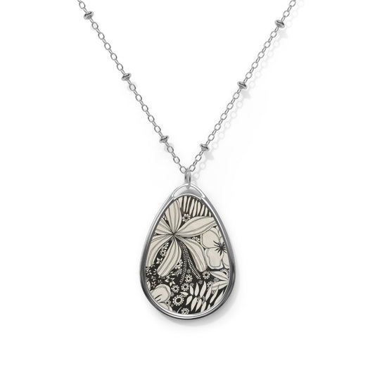 Ink spoken Floral Oval Pendant Necklace — Engravable Silver Teardrop Locket