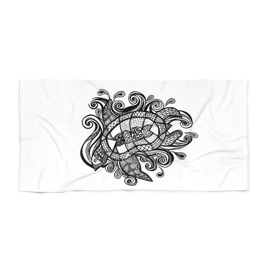 Ink Tide Turtle Doodle Beach Towel – Black & White Zentangle Sea Turtle Design