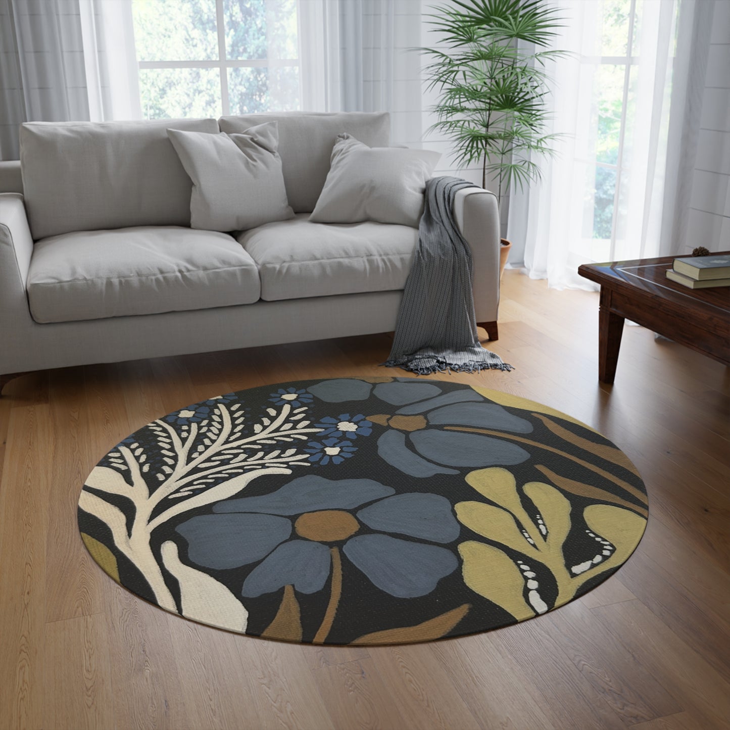 Midnight Meadow Round Rug — Blue Floral Boho Accent Rug