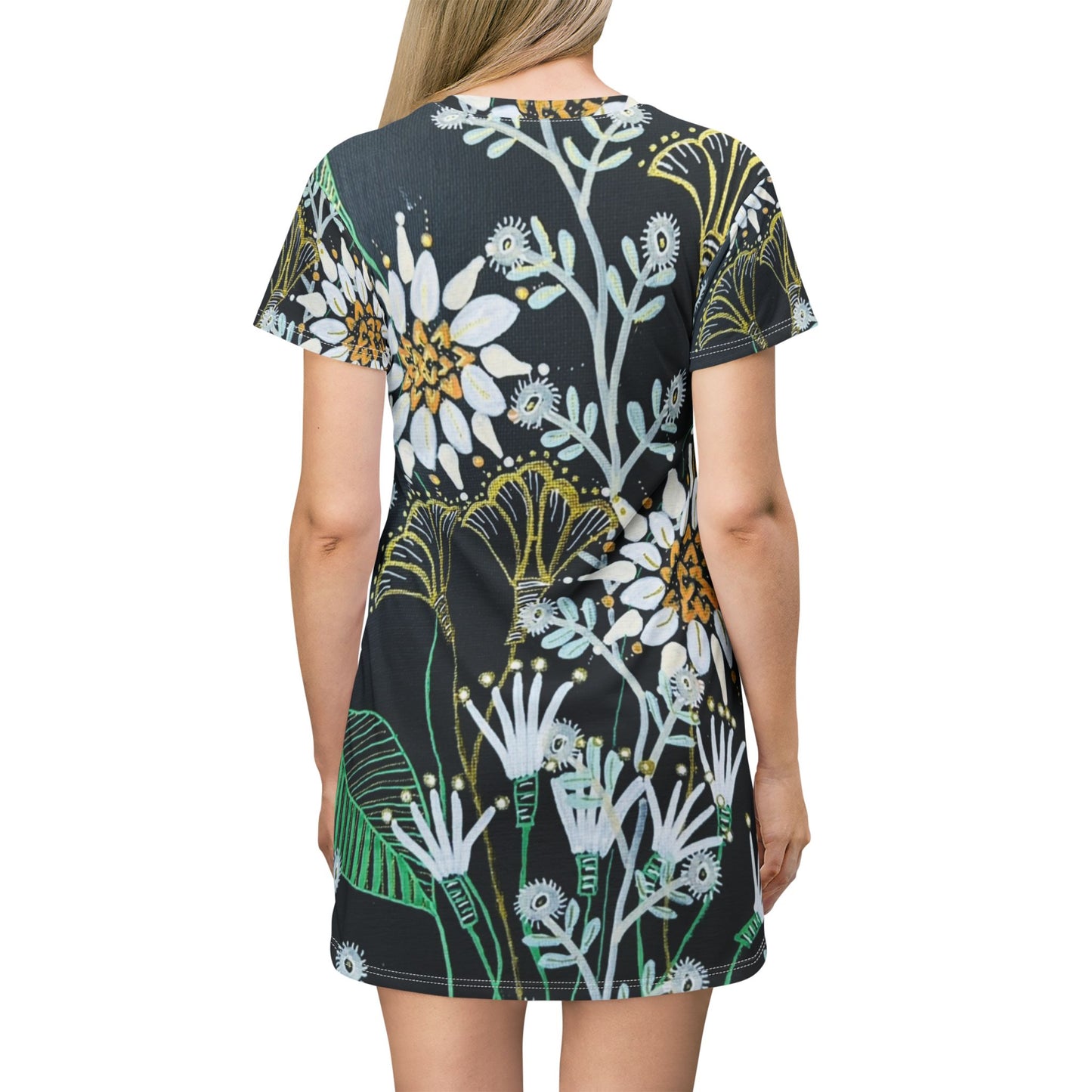 Golden Tangle Floral Meadow AOP T-Shirt Dress — White Daisies on Dark Botanical Print