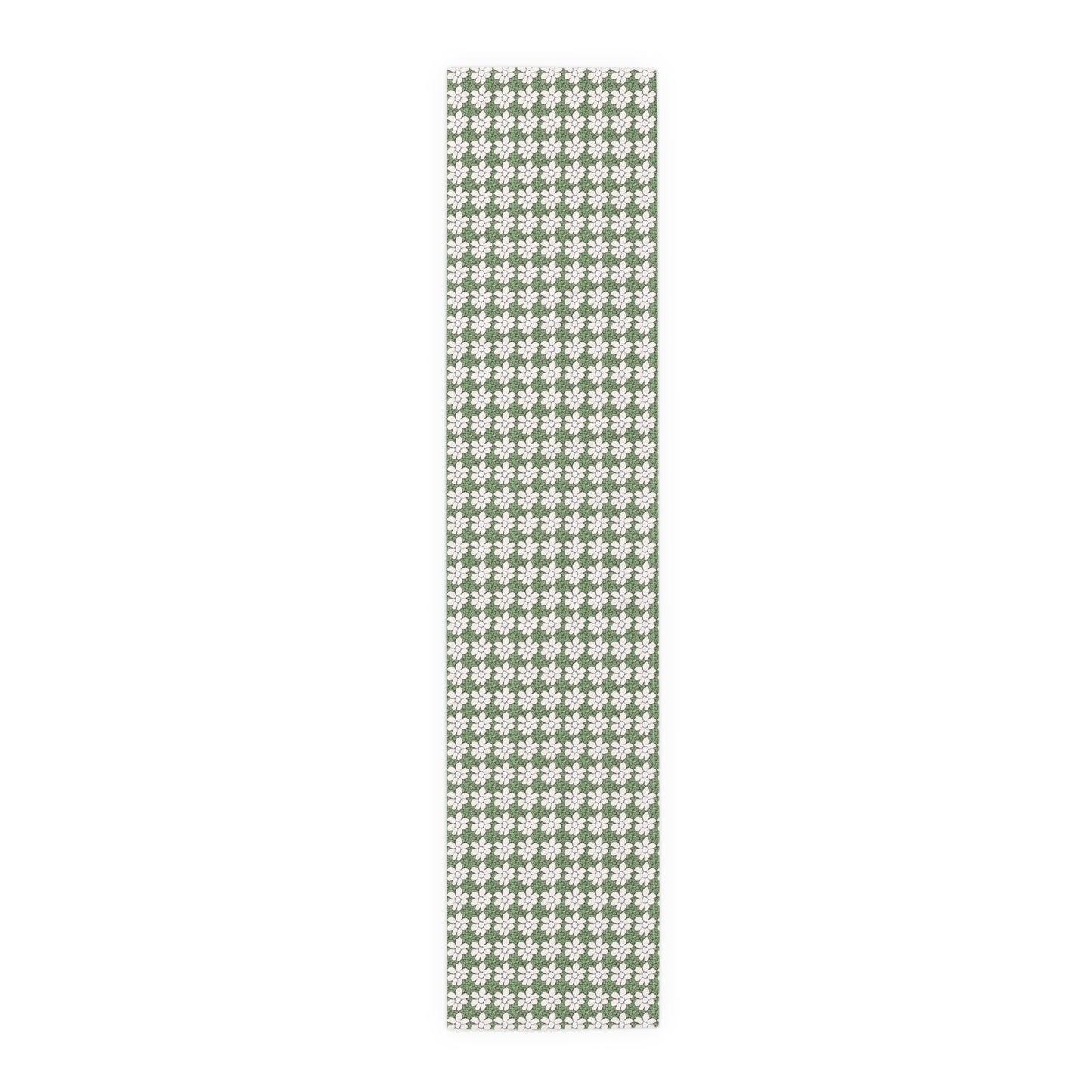 Green Floral Table Runner — White Daisy Pattern Cotton-Poly Dining Decor