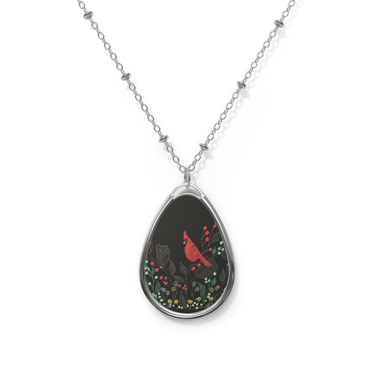 Stillness in scarlet Oval Teardrop Necklace — Red Cardinal II Floral Pendant on Black Background