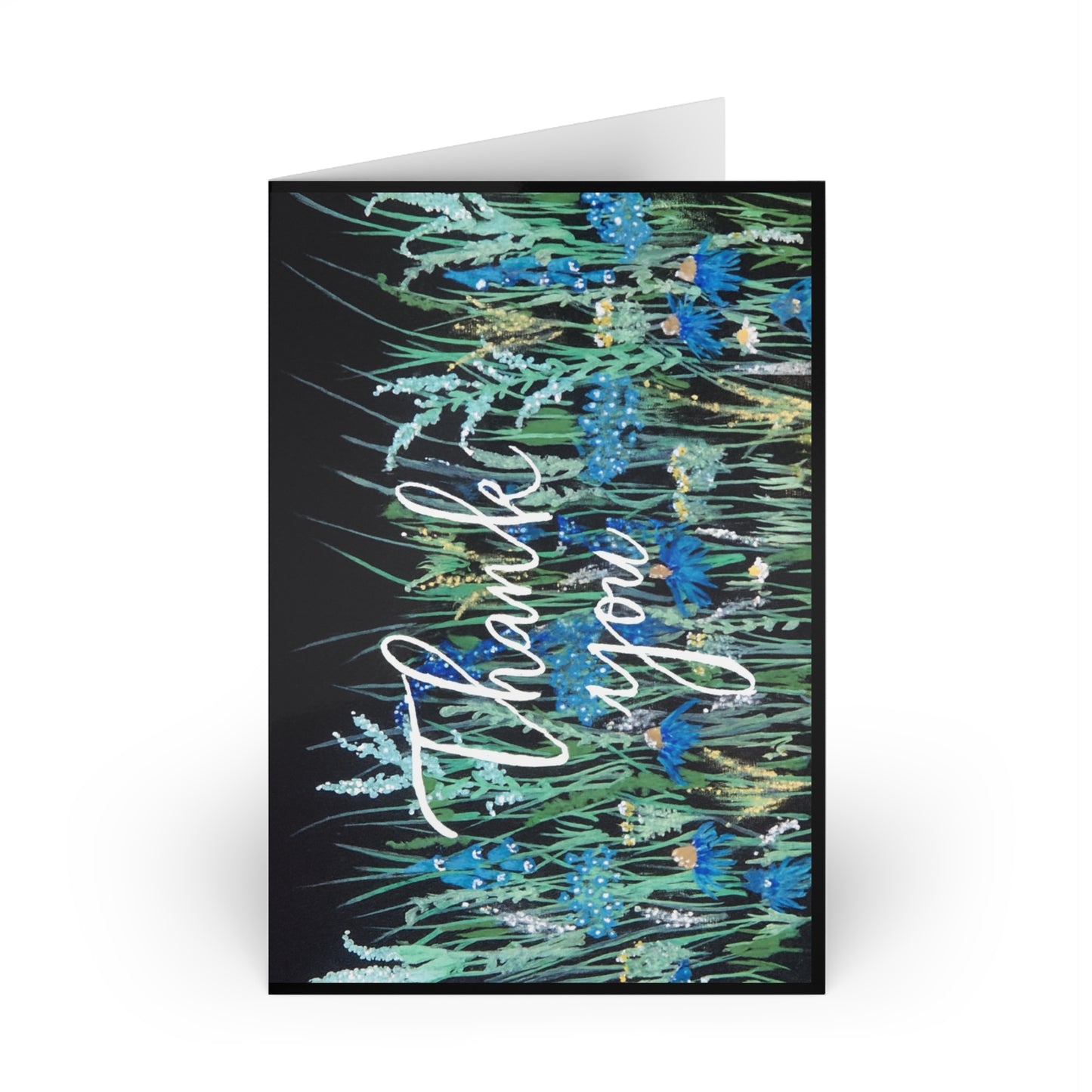 Thank You Card — Blue Floral Meadow Handwritten Script (Single or Pack)
