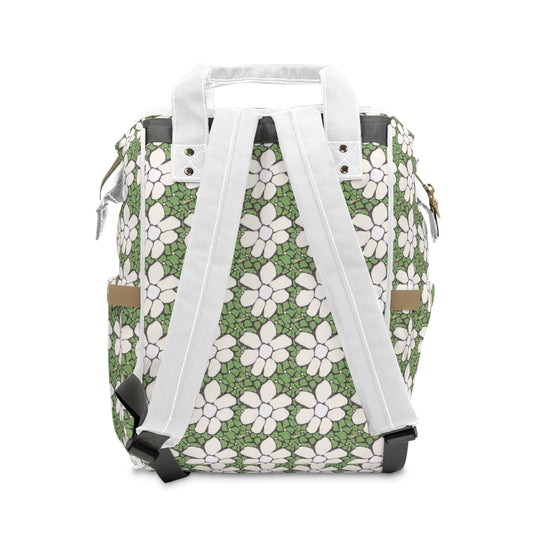 Green Floral Multifunctional Diaper Backpack — Spacious Baby Changing Bag with Multiple Pockets