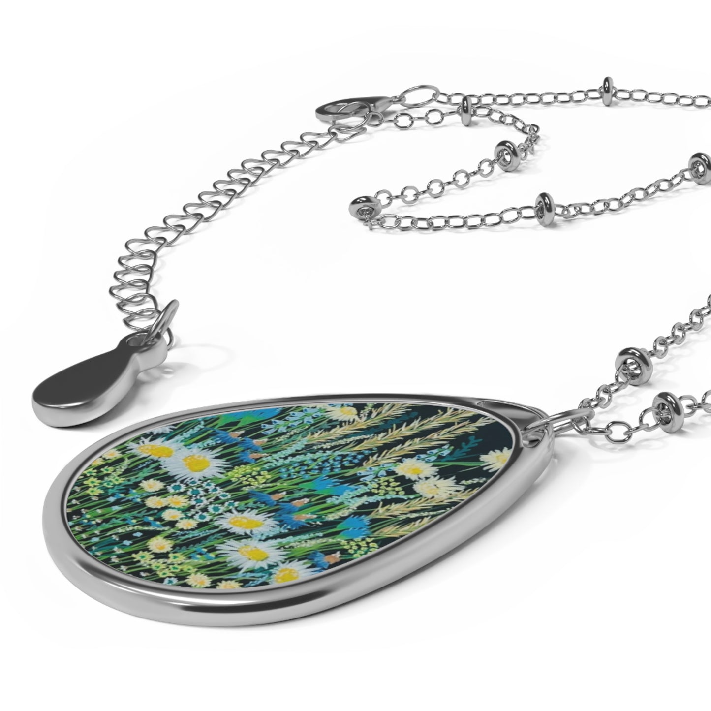 Blue hour bloom Oval Floral Pendant Necklace — Dainty Meadow Daisy Teardrop Jewelry