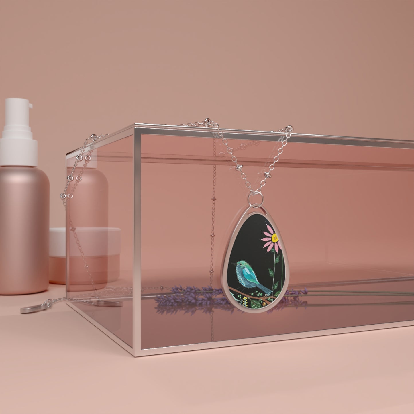 Oval Bird Pendant Necklace — Bluebird & Daisy Floral Teardrop Jewelry