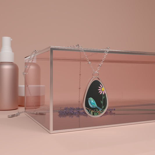 Oval Bird Pendant Necklace — Bluebird & Daisy Floral Teardrop Jewelry