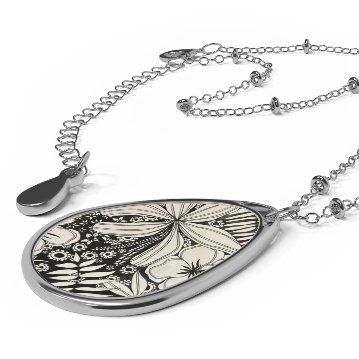 Ink spoken Floral Oval Pendant Necklace — Engravable Silver Teardrop Locket