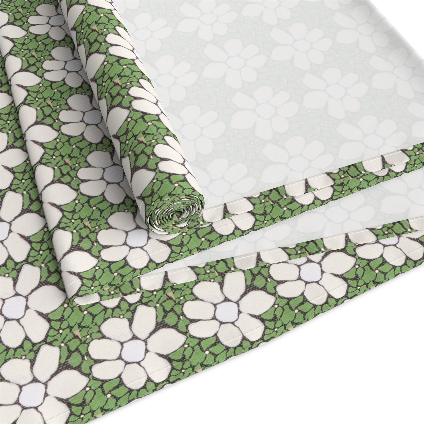 Green Floral Table Runner — White Daisy Pattern Cotton-Poly Dining Decor