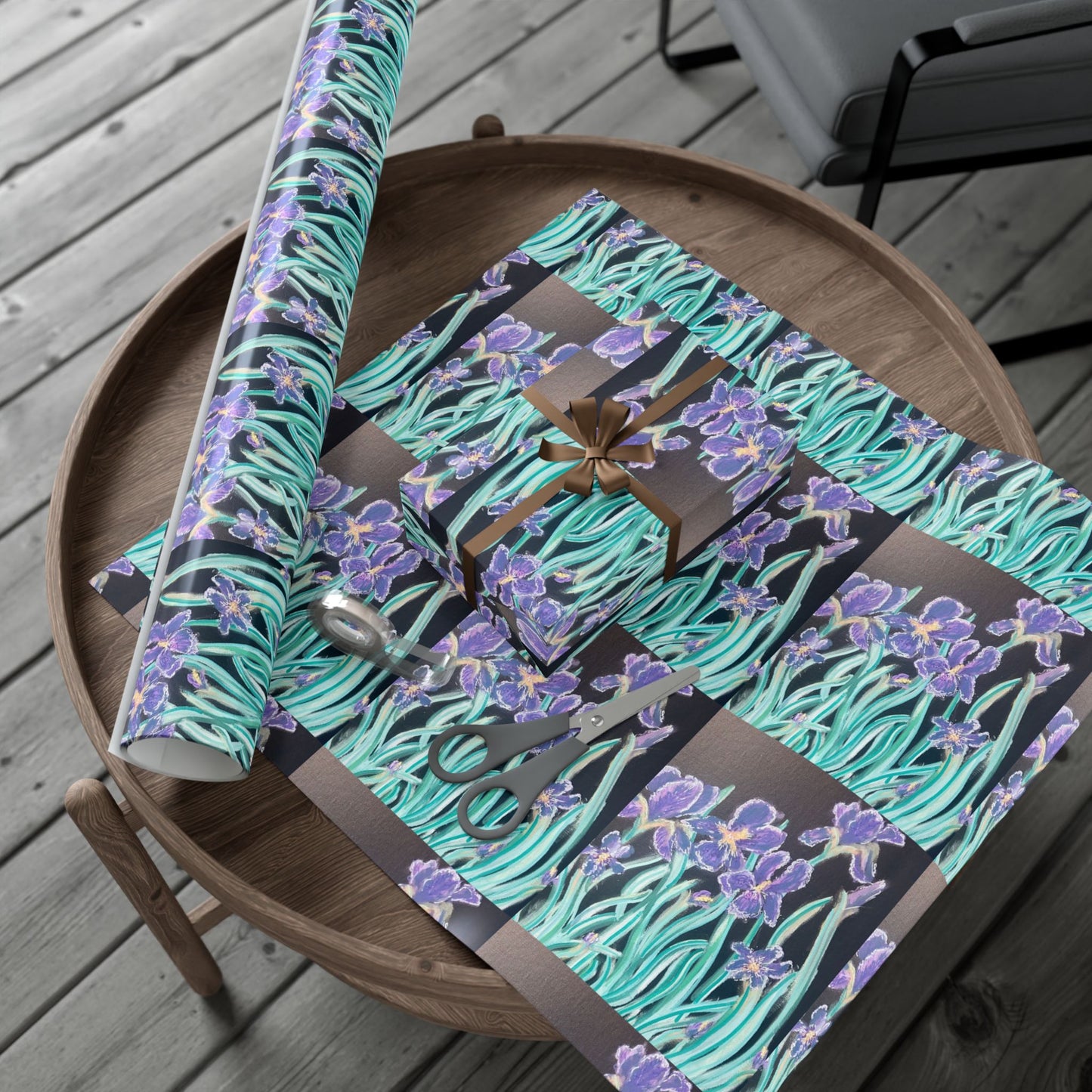 Floral Iris Gift Wrap Paper Roll — Purple & Teal Botanical Wrapping Paper