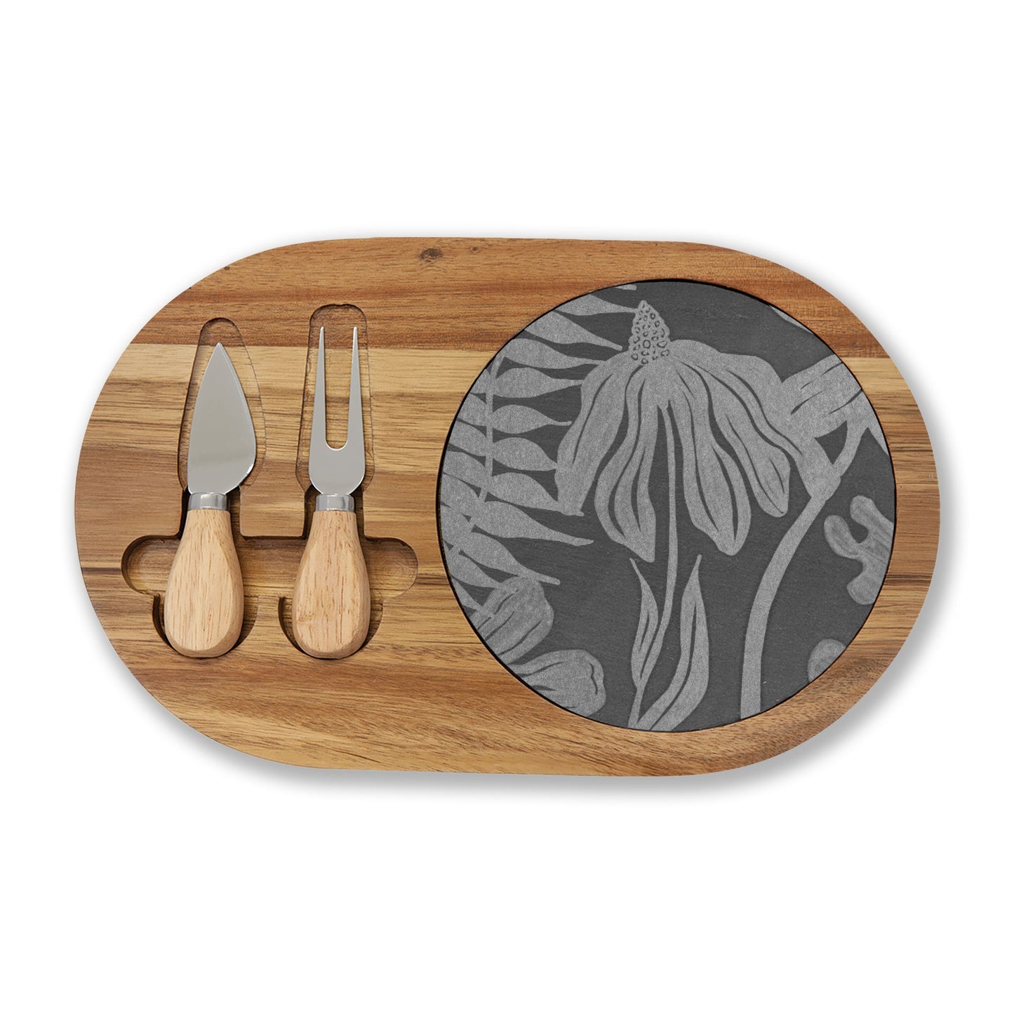 Engraved Bamboo Charcuterie Board with Floral Slate Inlay & Cheese Knives