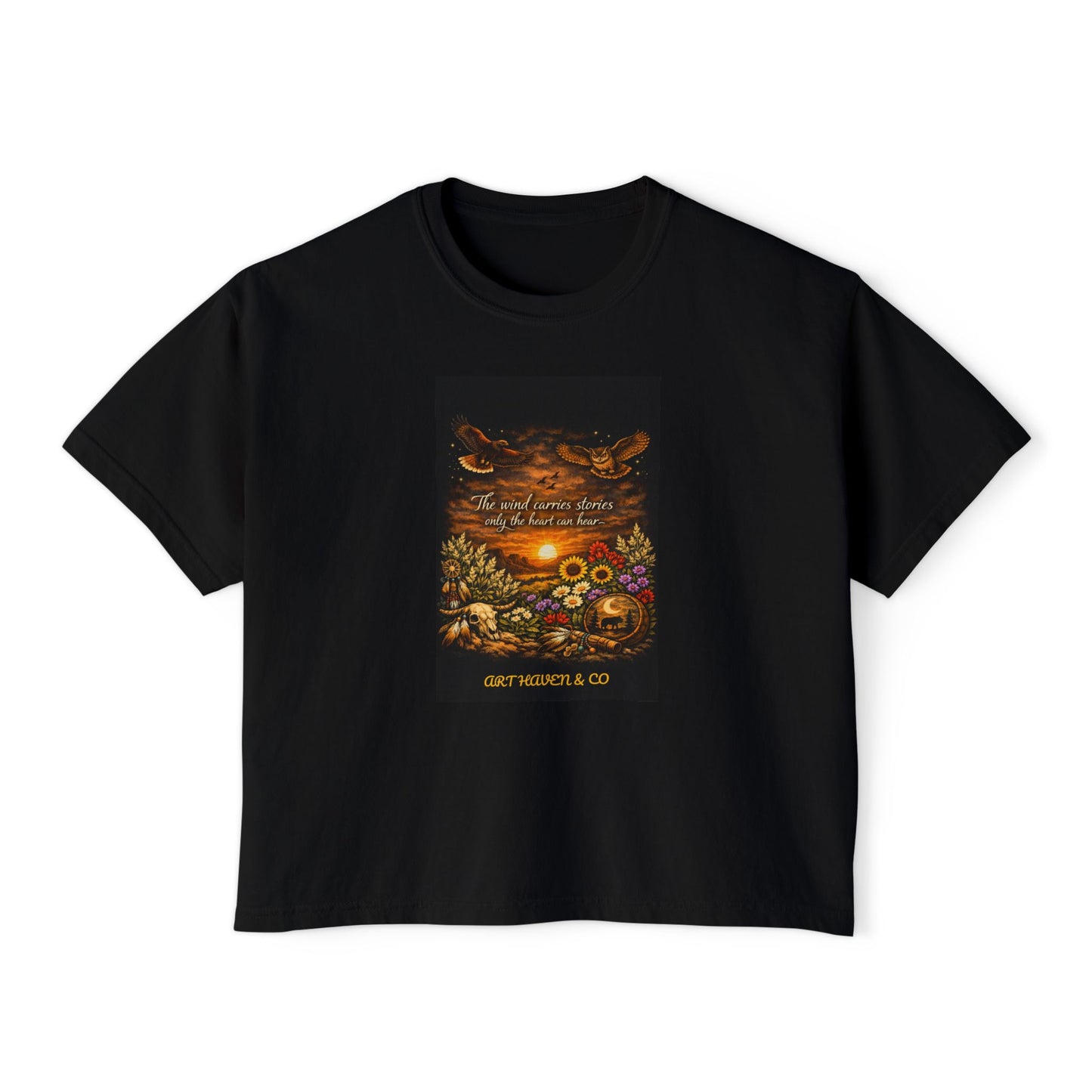 Autumn Sunset Floral Boxy Tee — Harvest Moon & Sunflower Graphic