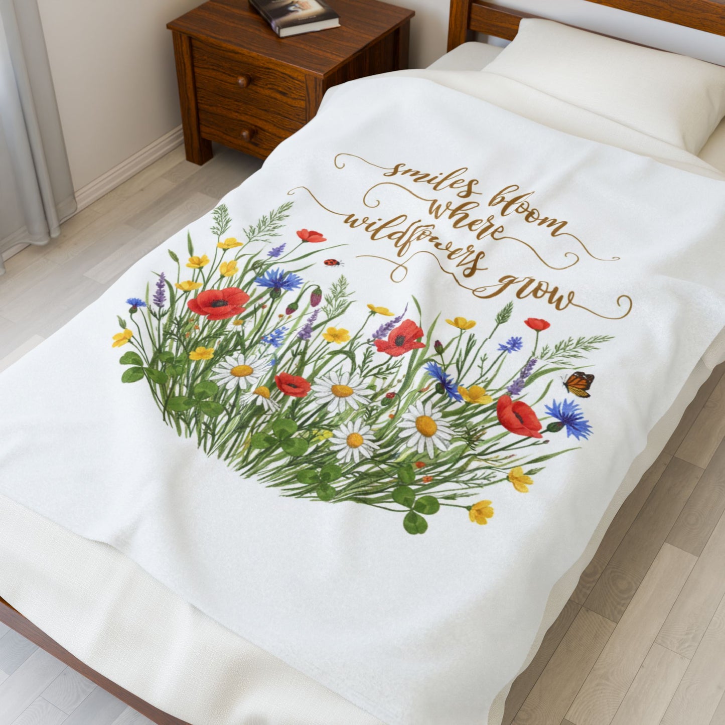 Velveteen Plush Blanket — "Smiles Bloom Where Wildflowers Grow" Floral Throw