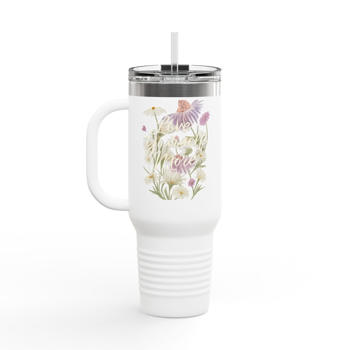 Love yourself more 40oz Insulated Travel Mug — Floral Wildflower 'Be More' Design