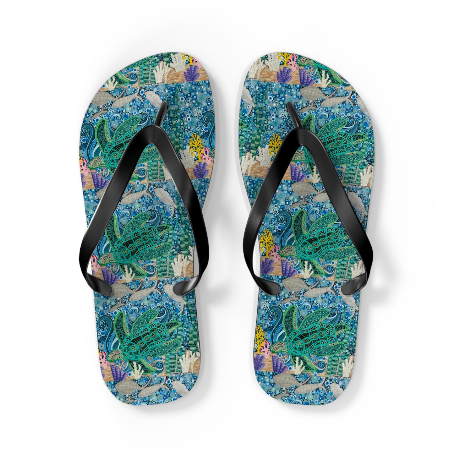Tropical Sea Turtle Flip Flops — Beach Sandals with Coral Reef Print